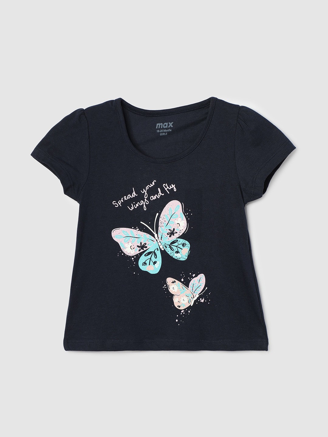 

max Infant Girls Graphic Printed Pure Cotton T-shirt, Navy blue