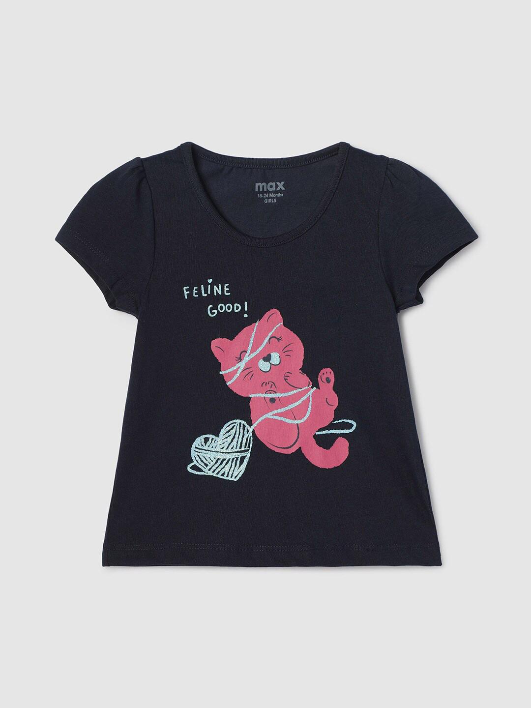 

max Infant Girls Graphic Printed Pure Cotton T-shirt, Navy blue