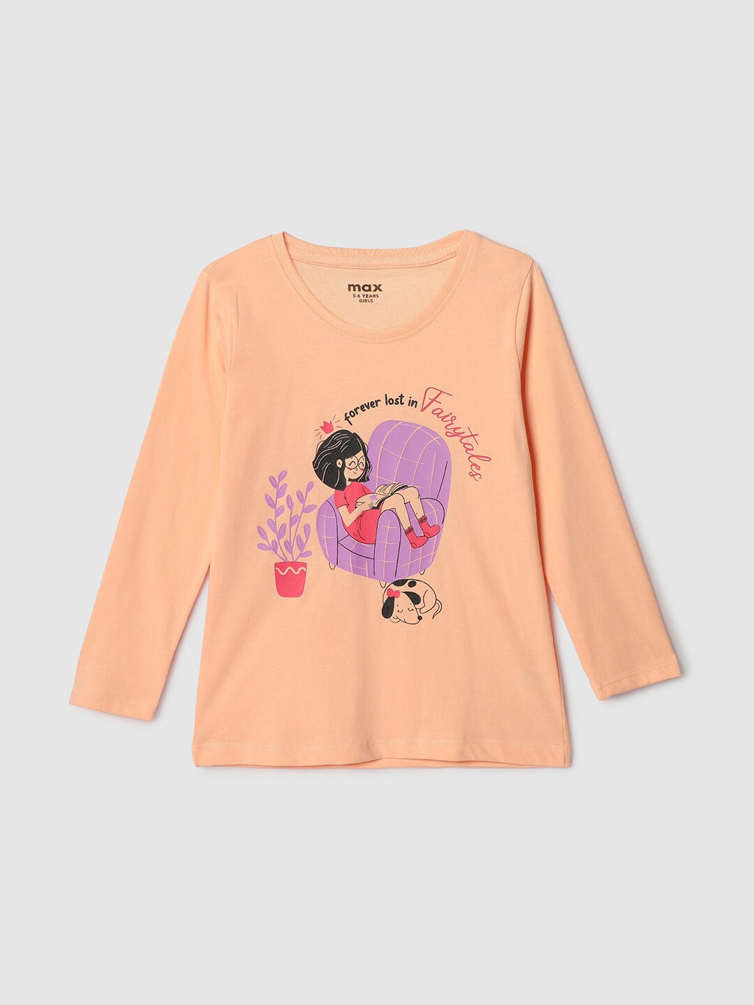 

max Girls Typography Printed Long Sleeves Casual Pure Cotton T-shirt, Peach