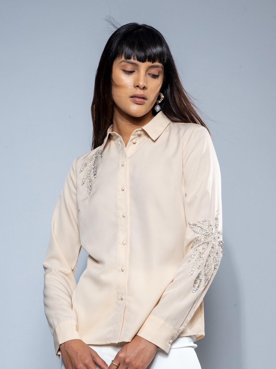 

H&M Full Sleeve Embelishment Shirt, Beige