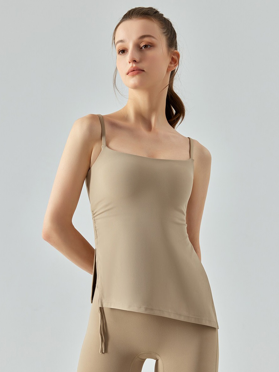 

JC Collection Ruched Shoulder Straps Fitted Top, Khaki