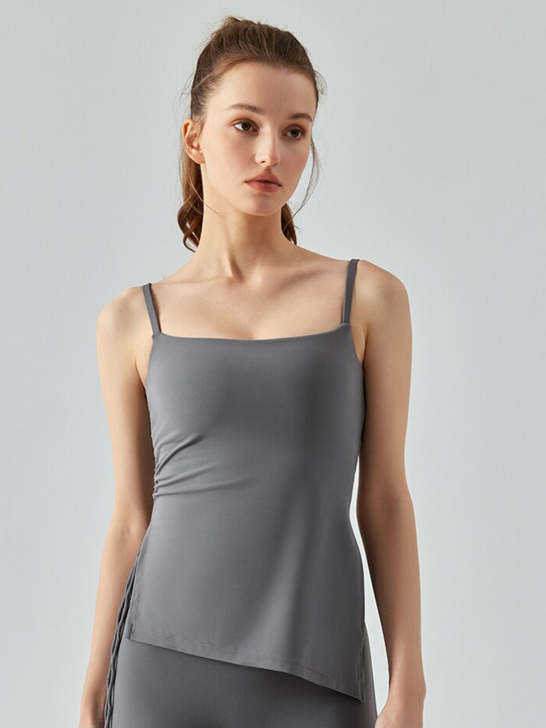 

JC Collection Ruched Shoulder Straps Fitted Top, Grey