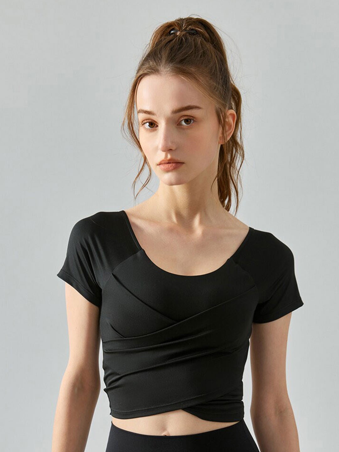 

JC Collection Scoop Neck Gathered Wrap Crop Top, Black