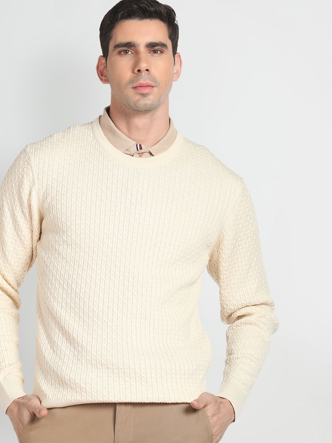 

Arrow Cable Knit Self Design Acrylic Cotton Pullover, Off white