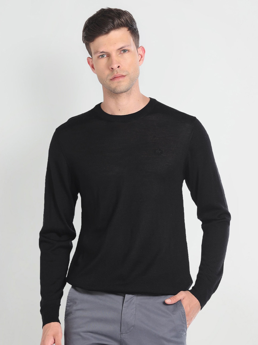 

Arrow Round Neck Long Sleeves Pullover Sweater, Black