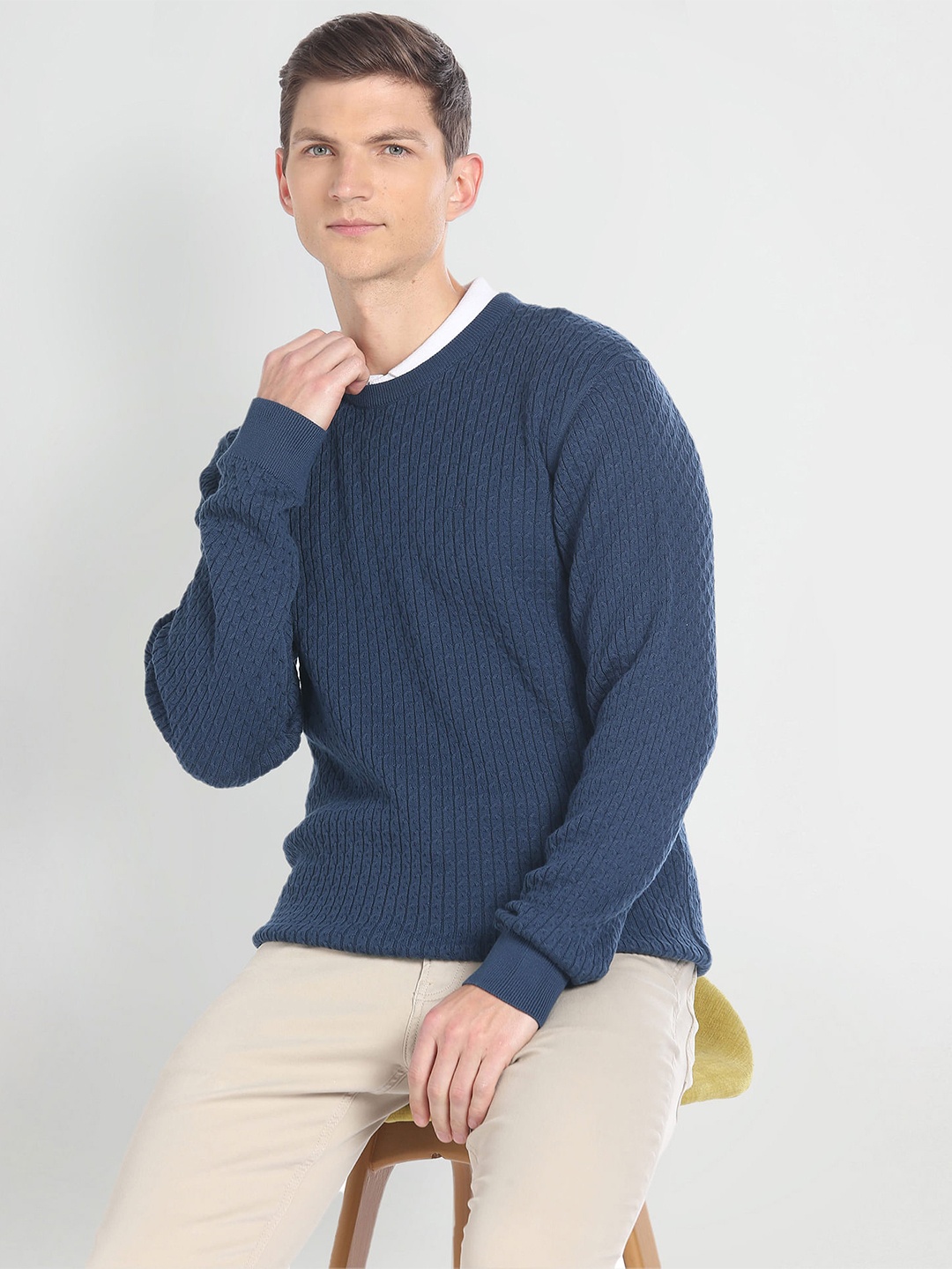

Arrow Cable Knit Round Neck Long Sleeves Pullover Sweater, Blue