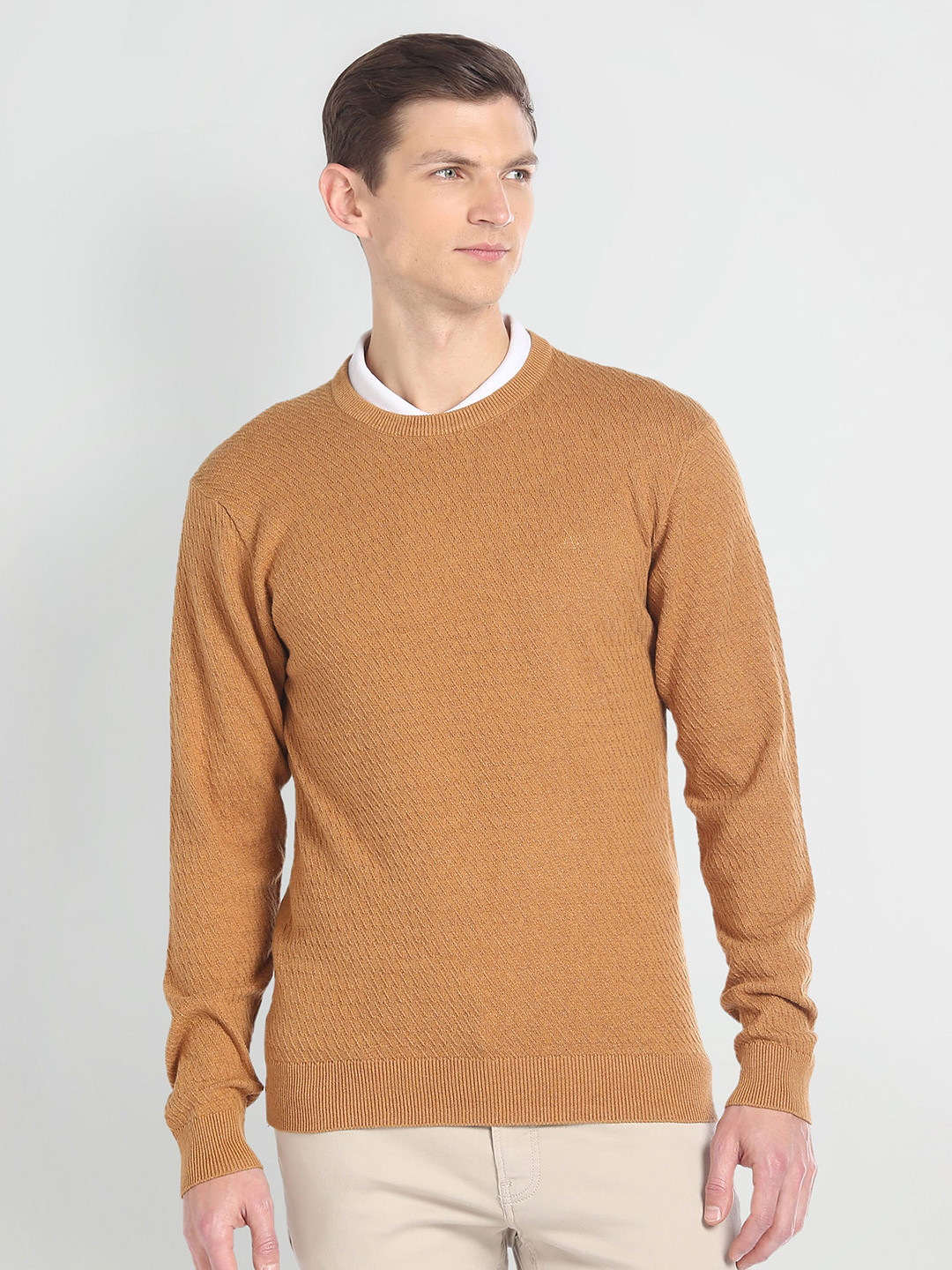 

Arrow Cable Knit Round Neck Long Sleeves Cotton Pullover Sweater, Brown