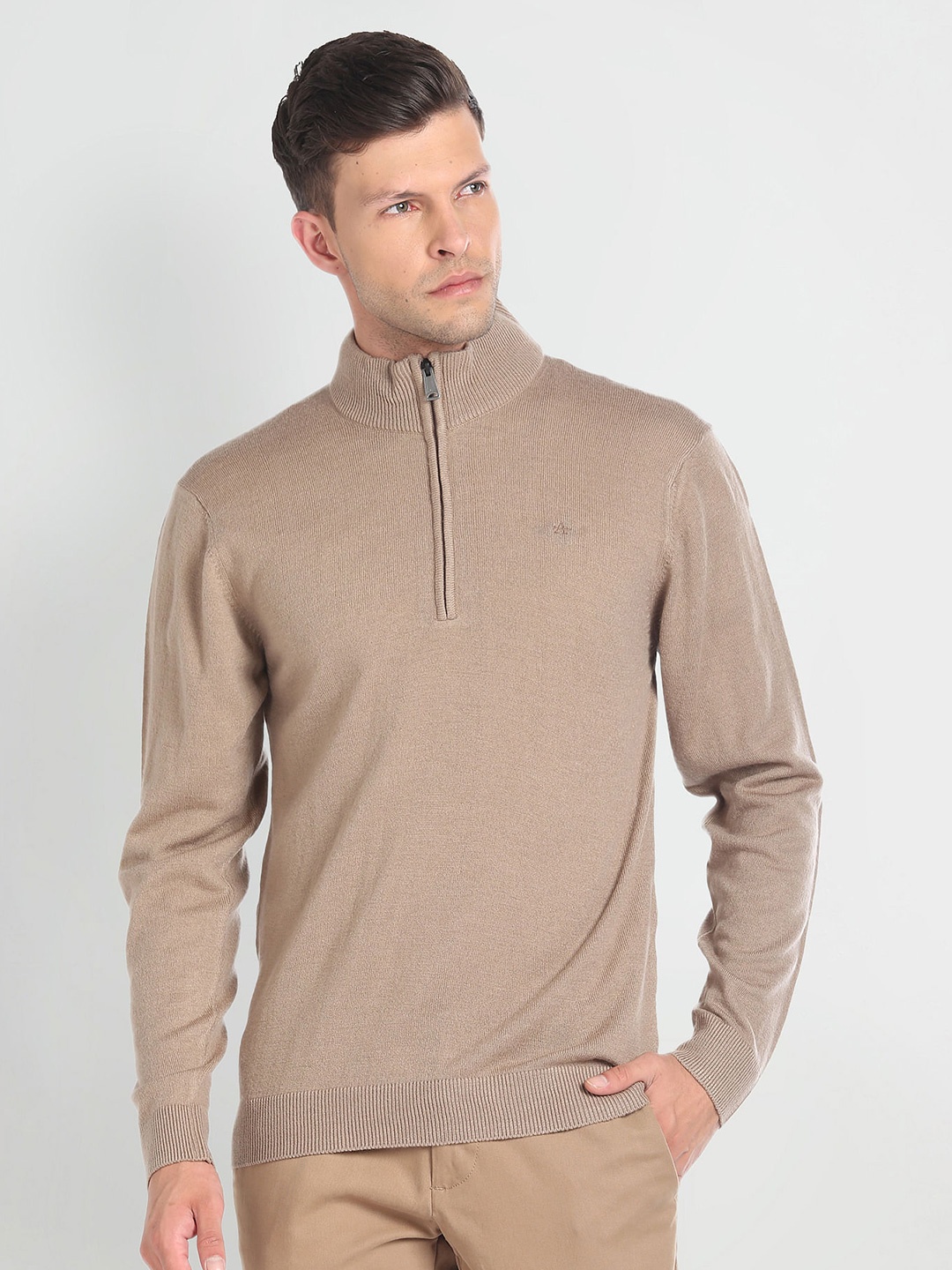 

Arrow Mock Collar Acrylic Wool Pullover, Beige