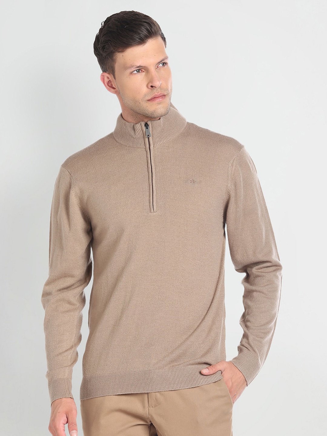 

Arrow Mock Collar Acrylic Wool Pullover, Beige