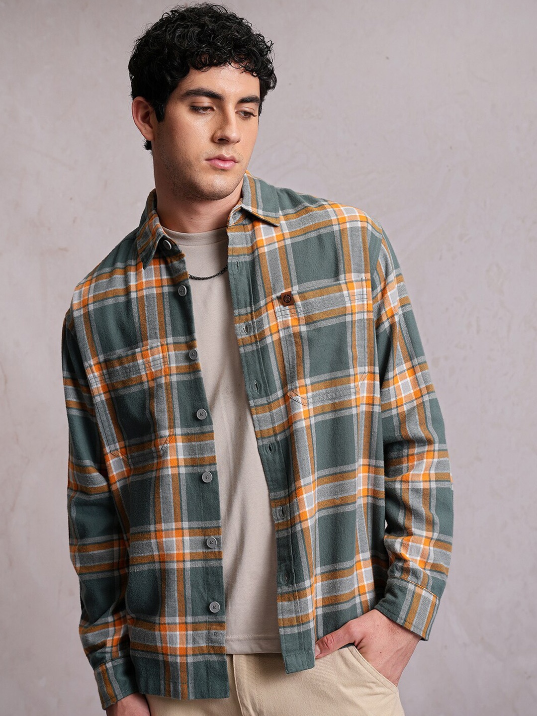 

LOCOMOTIVE Green Flannel Checked Utility Pocket Overshirt