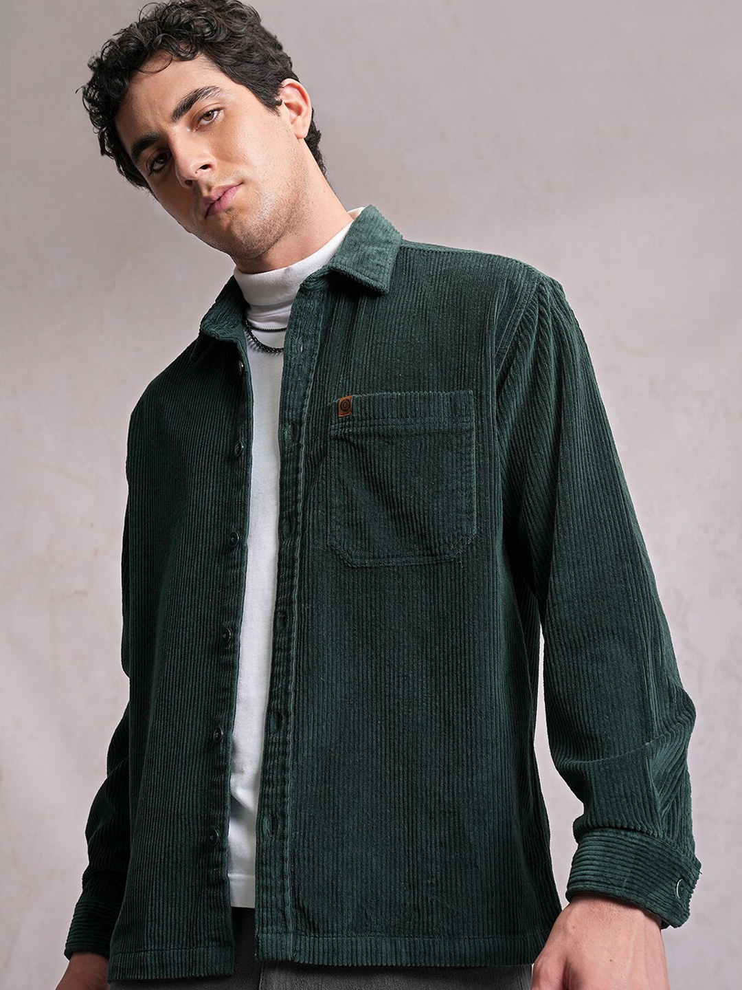 

LOCOMOTIVE Premium Men Dobby Textured Checked Utility Pocket Overshirt, Green