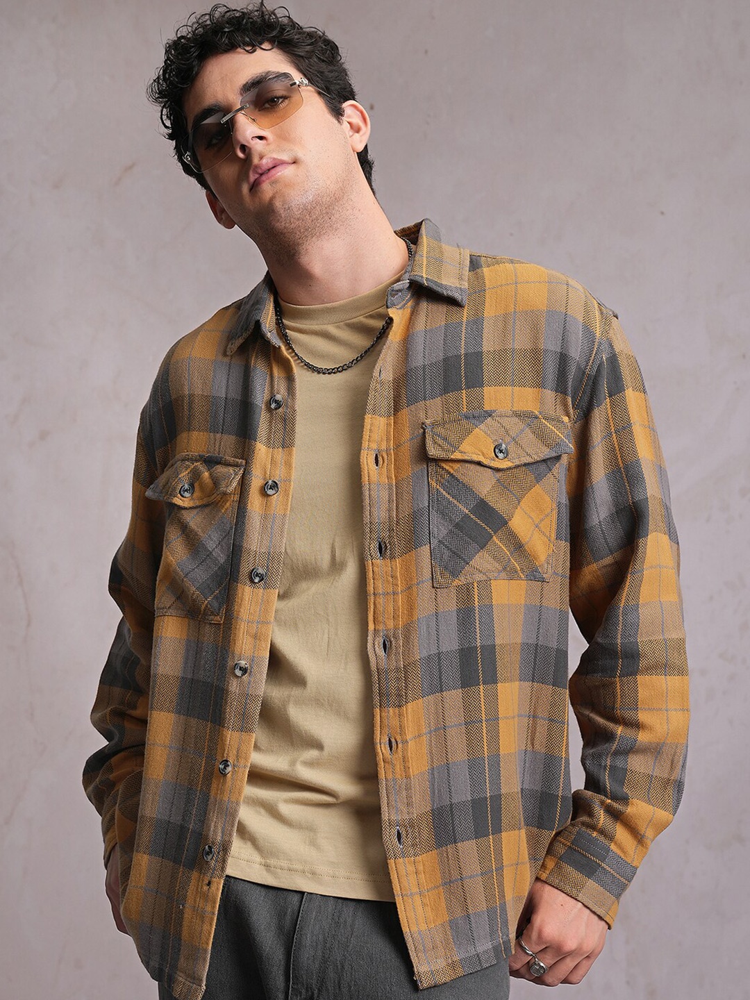 

LOCOMOTIVE Dobby Textured Checked Utility Pocket Over-Shirt, Mustard