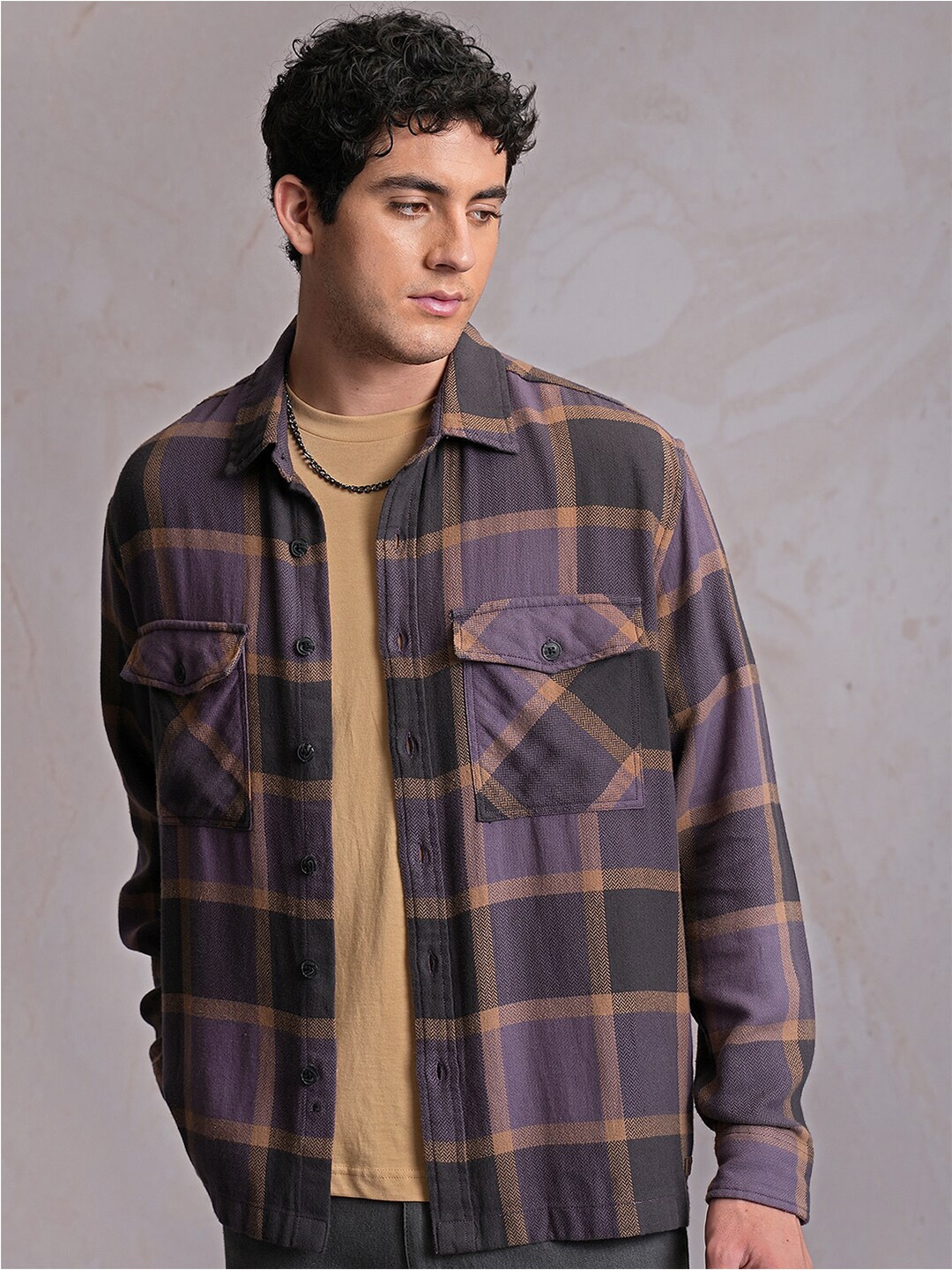 

LOCOMOTIVE Checked Utility Pocket Overshirt, Purple