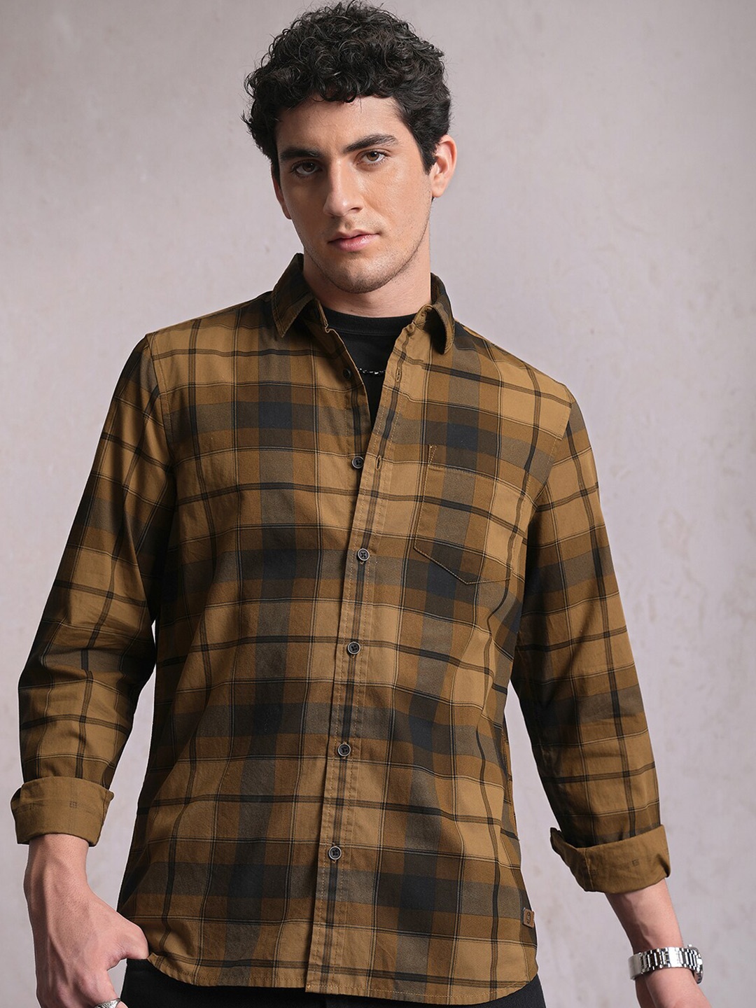 

LOCOMOTIVE Premium Checked Regular Shirt, Brown