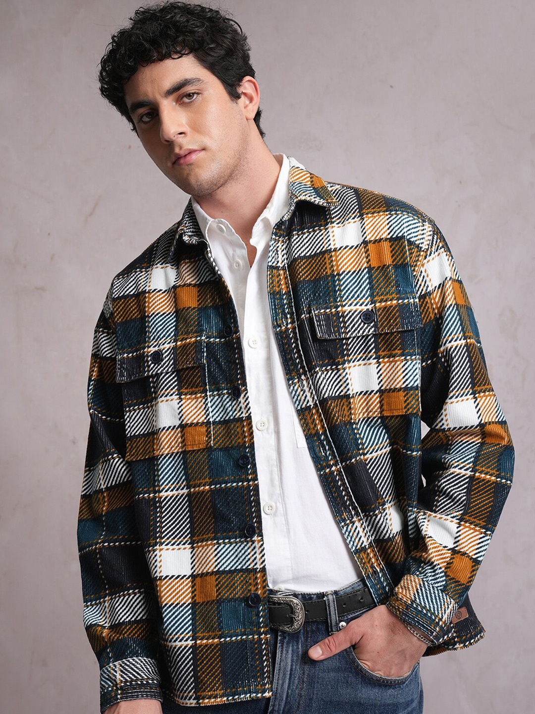 

LOCOMOTIVE Corduroy Checked Utility Pocket Overshirt, Mustard