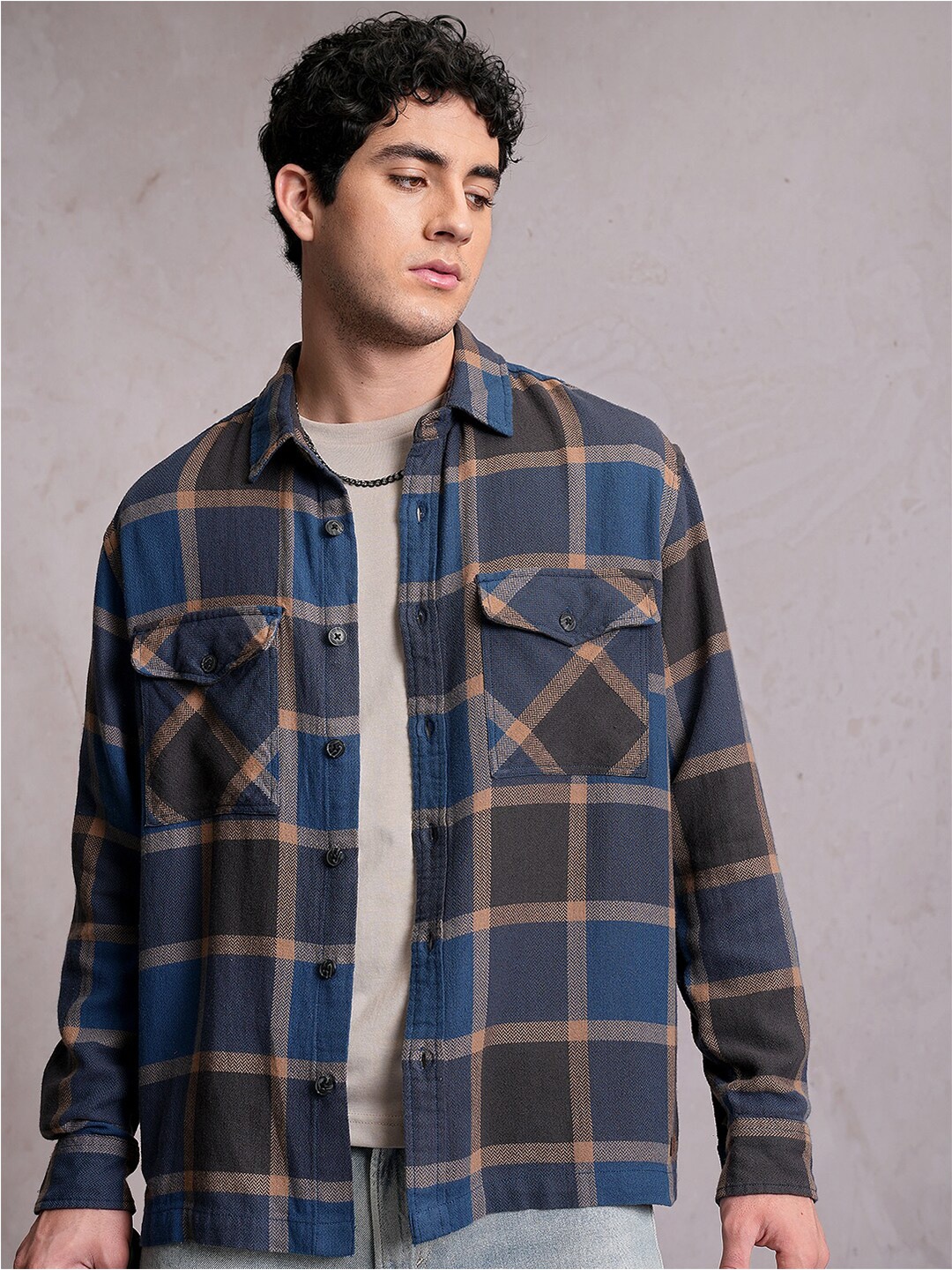 

Locomotive Men Blue Dobby Textured Checked Utility Pocket Overshirt