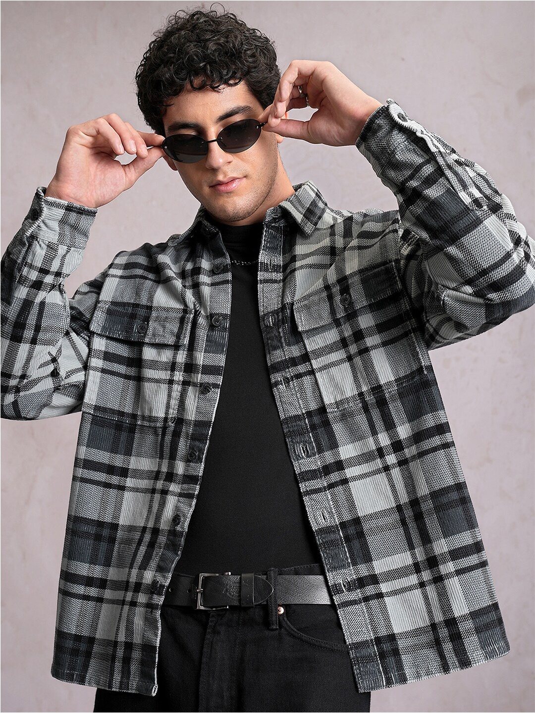 

Locomotive Men Grey Corduroy Checked Utility Pocket Overshirt