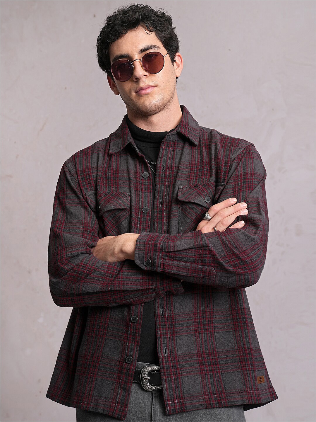 

Locomotive Men Red Dobby Textured Checked Utility Pocket Overshirt, Grey