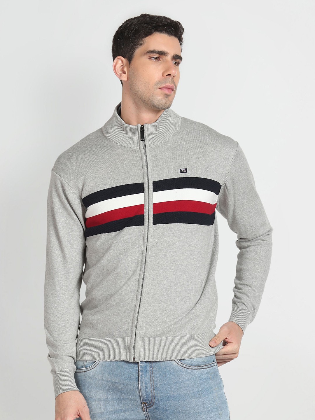 

Arrow Sport Striped Mock Collar Pure Cotton Cardigan, Grey