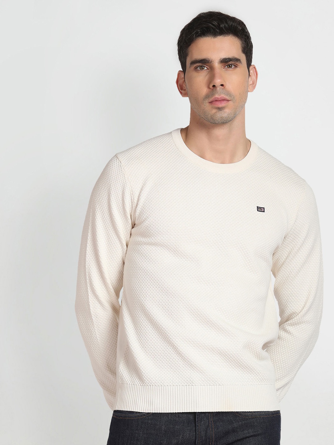 

Arrow Sport Geometric Self Design Pure Cotton Pullover, Off white