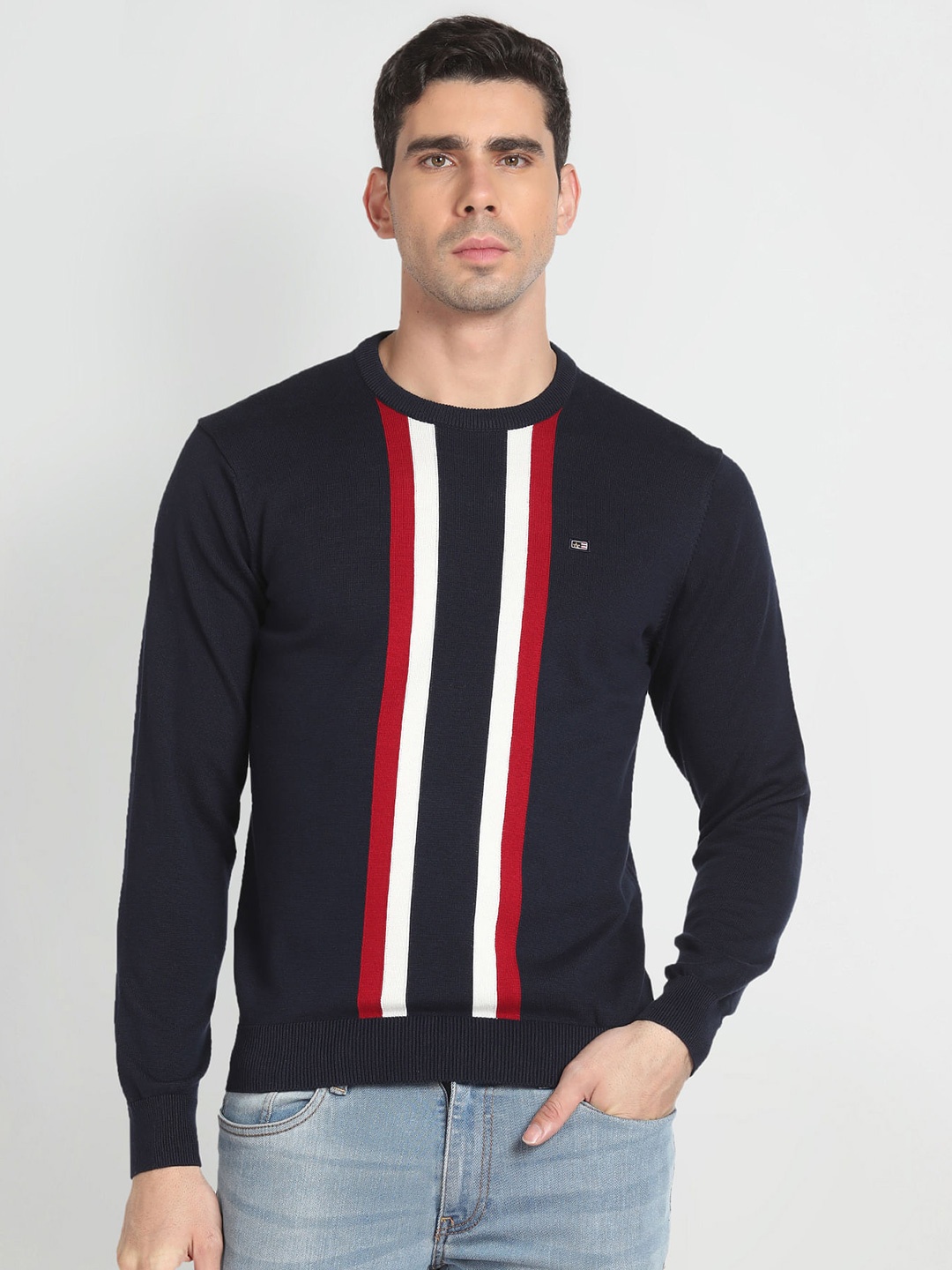 

Arrow Sport Striped Round Neck Cotton Pullover Sweater, Navy blue
