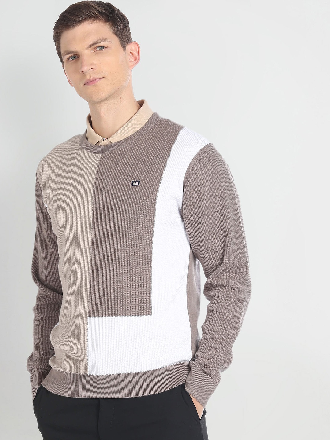 

Arrow Sport Textured Colourblocked Pullover, Brown