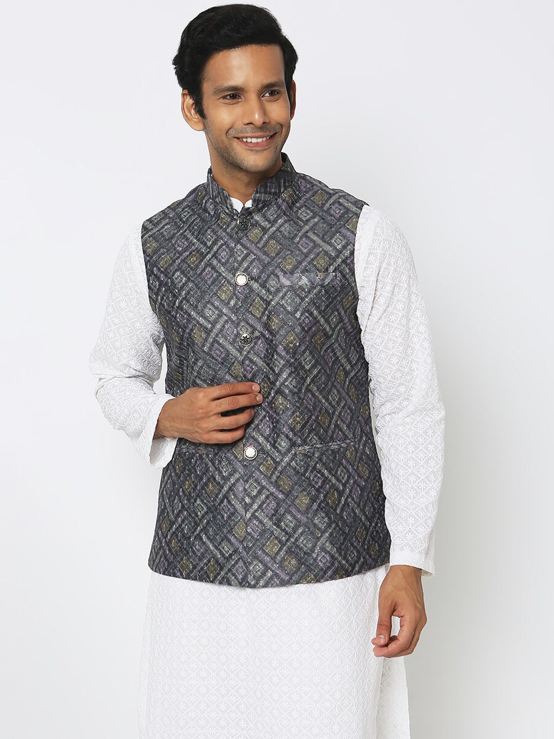 

Ethnicity Woven Design Mandarin Collar Nehru Jacket, Green