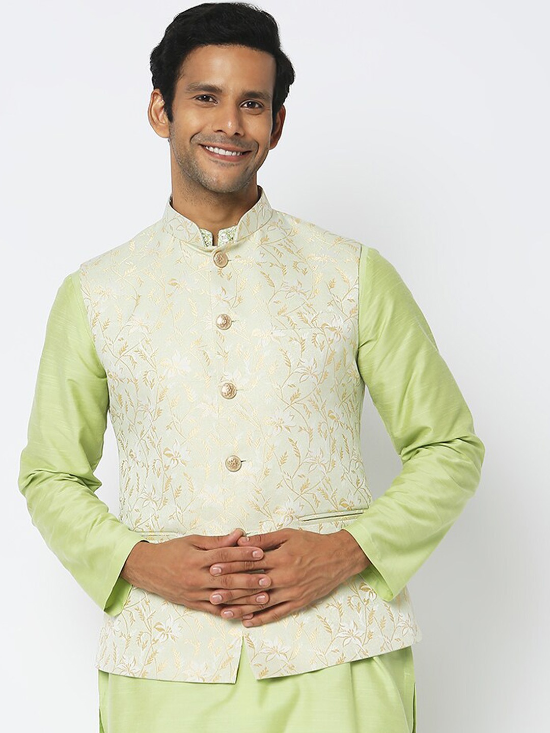 

Ethnicity Woven Design Mandarin Collar Nehru Jacket, Green