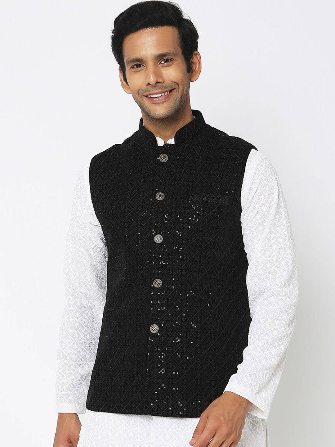 

Ethnicity Embroidered Mandarin Collar Nehru Jackets, Black