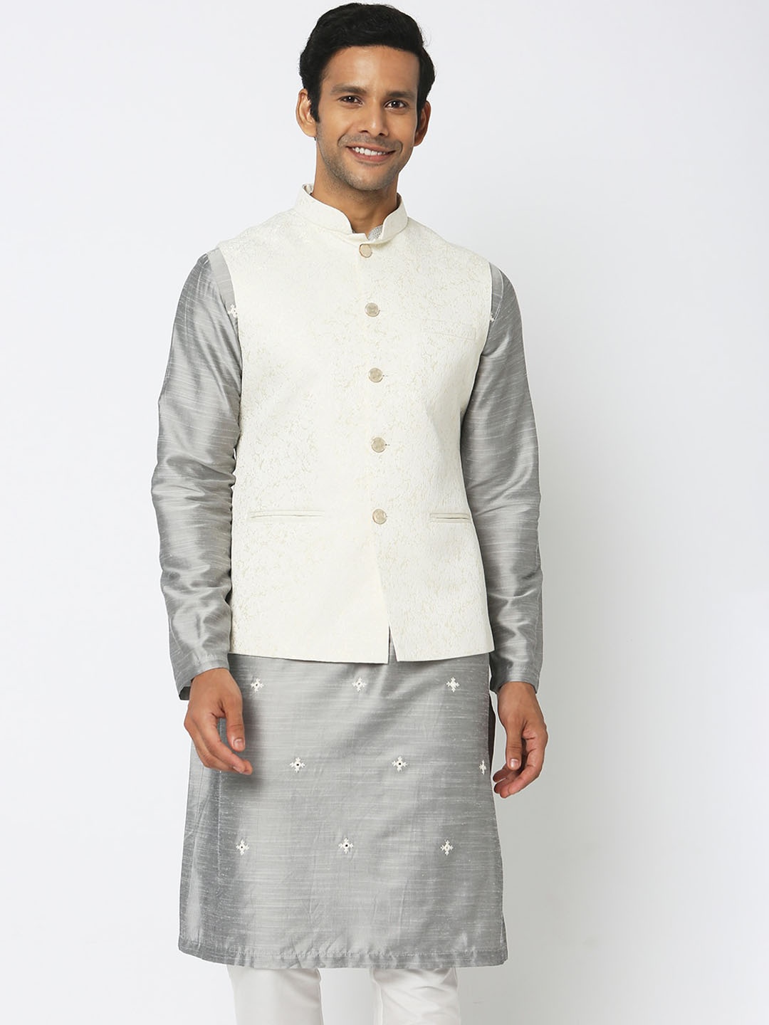 

Ethnicity Woven Design Mandarin Collar Nehru Jackets, Cream