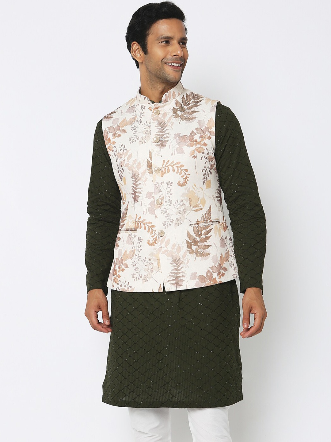 

Ethnicity Woven Design Jacquard Nehru Jackets, White