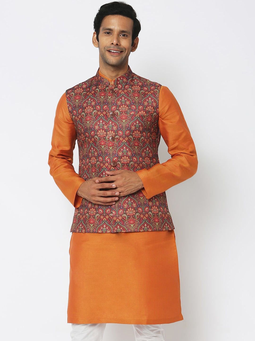 

Ethnicity Ethnic Motifs Printed Jacquard Nehru Jackets, Red