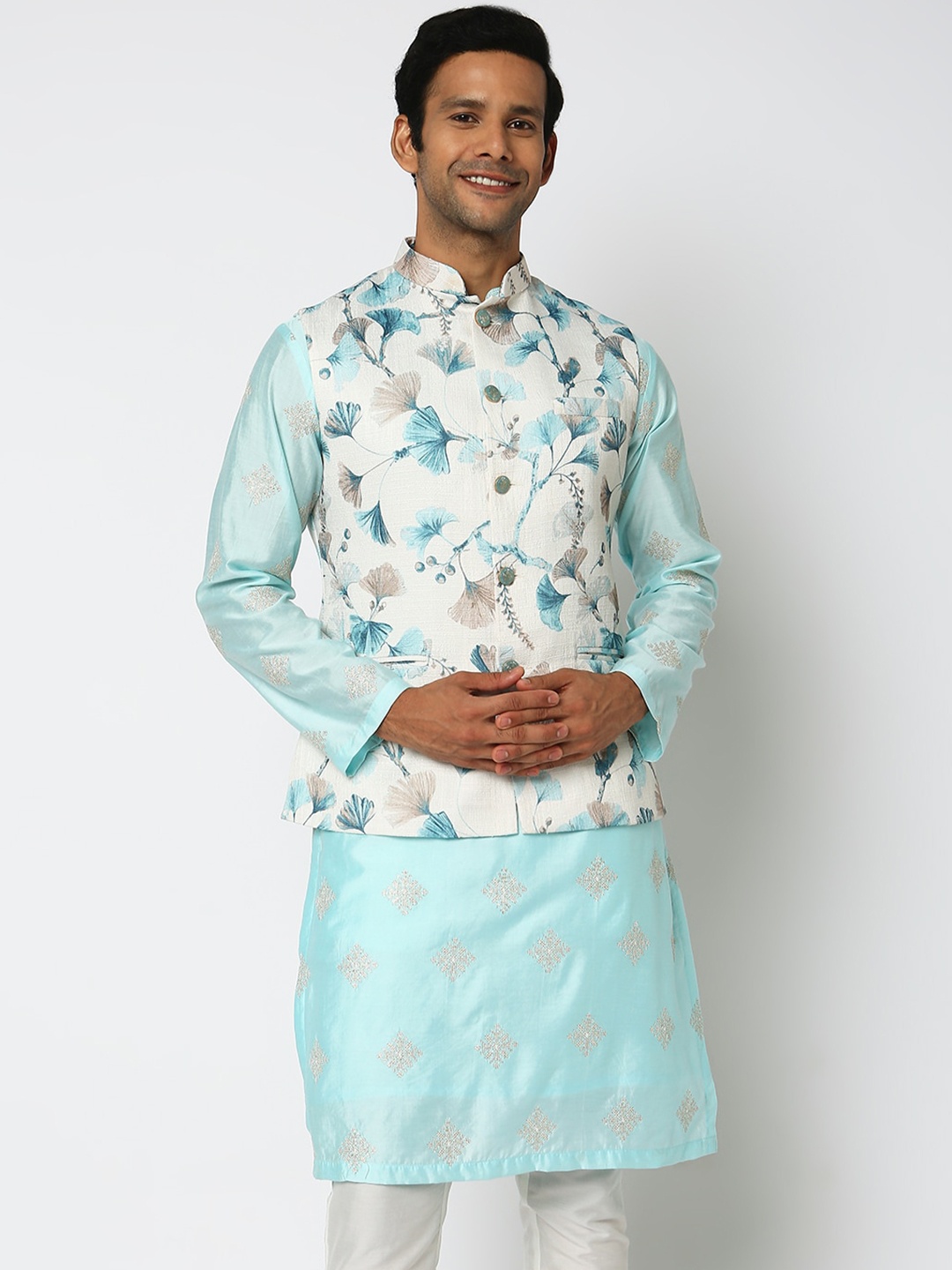 

Ethnicity Woven Design Mandarin Collar Nehru Jacket, Blue