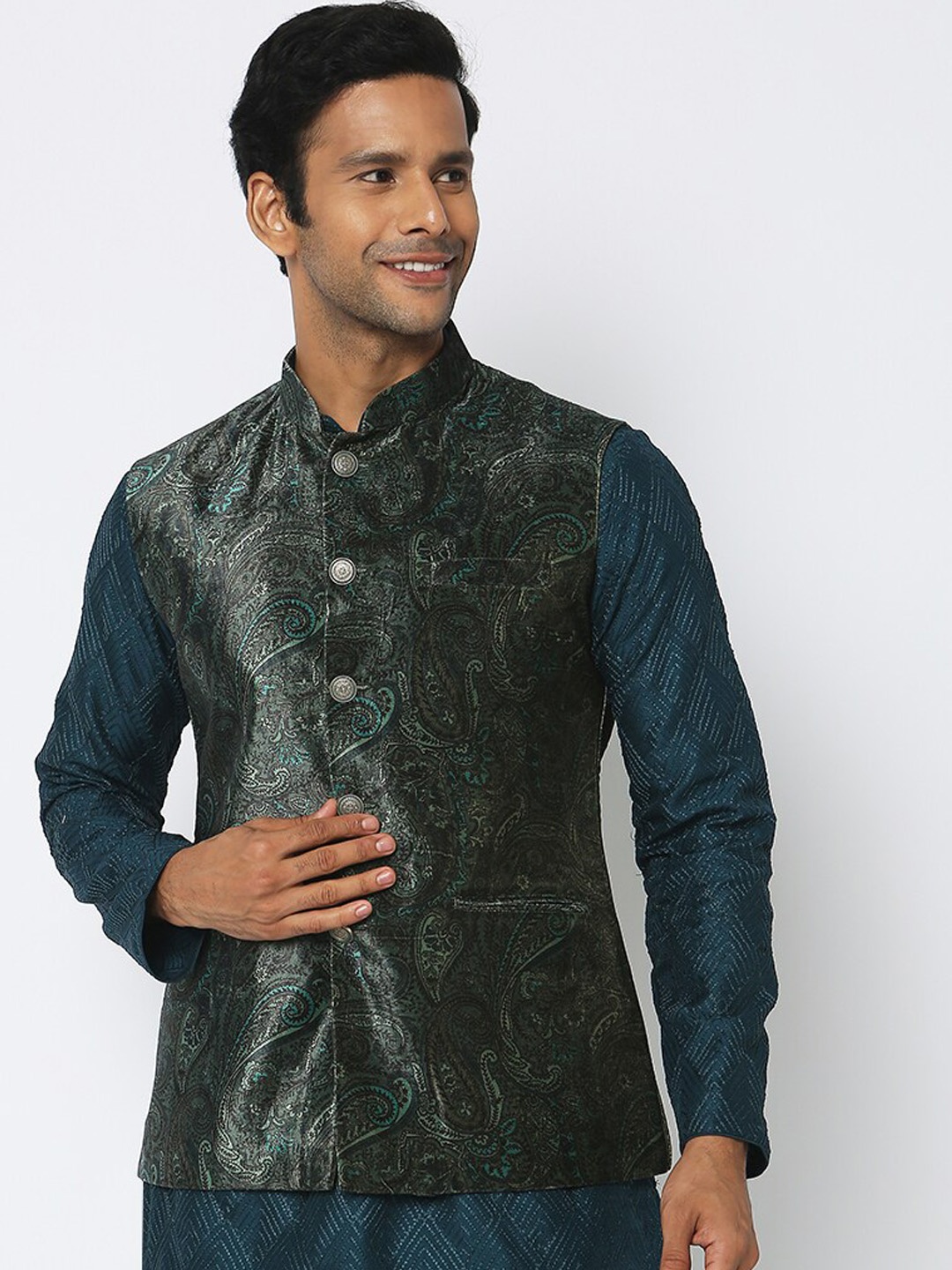 

Ethnicity Woven Design Mandarin Collar Nehru Jacket, Green