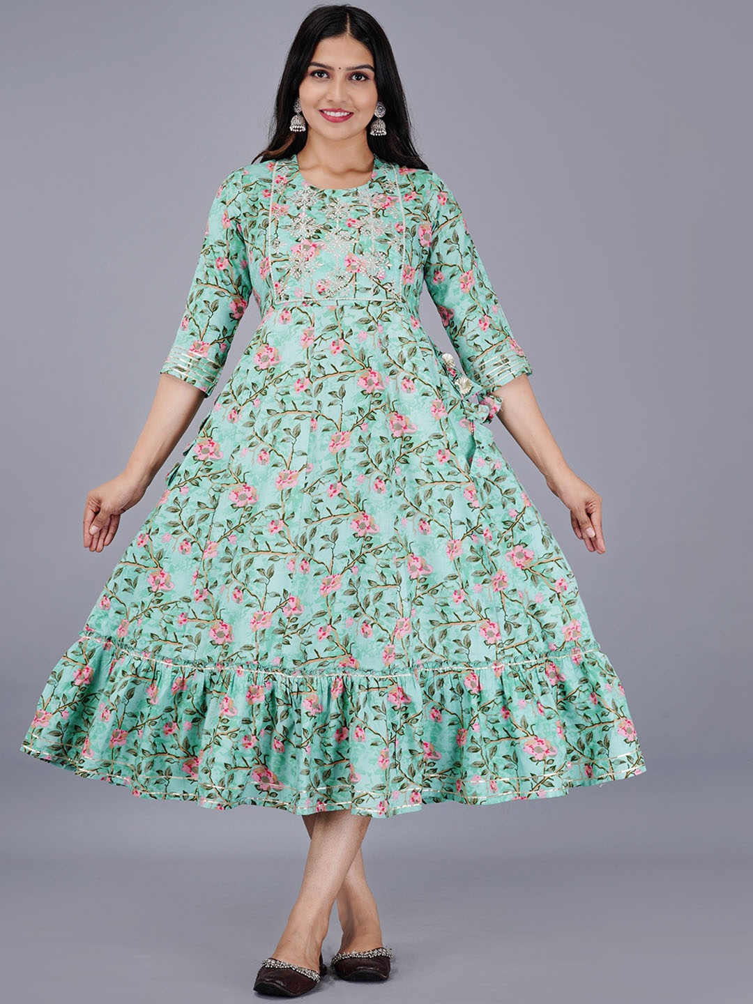 

KALINI Floral Printed Fit & Flare Ethnic Dress, Turquoise blue