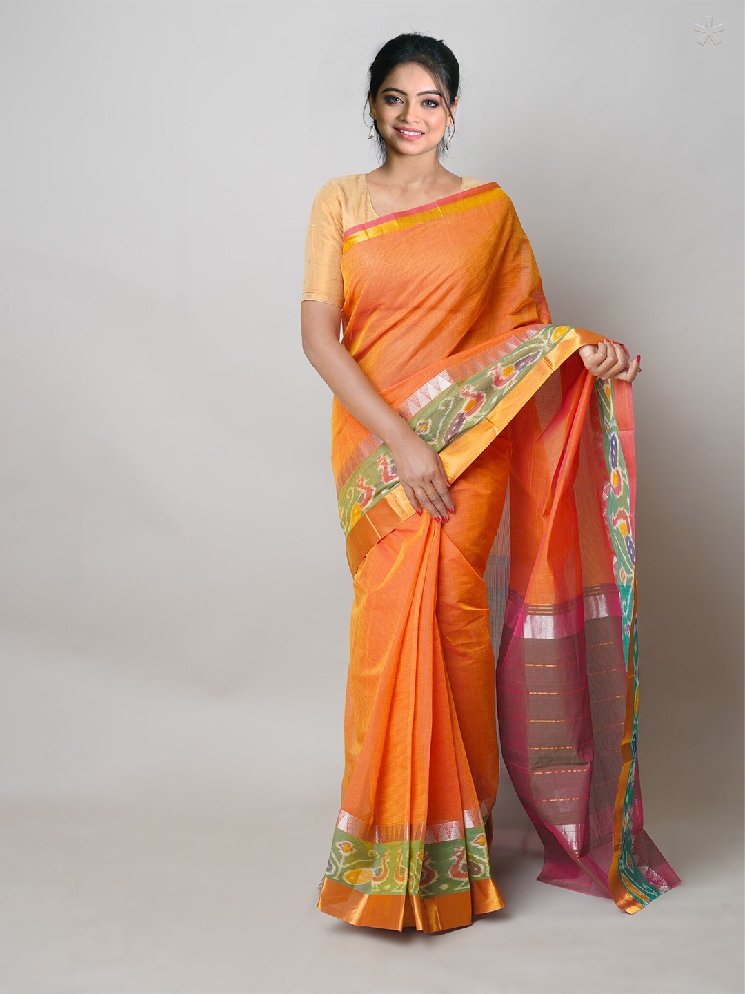 

Unnati Silks Woven Design Pure Cotton Handloom Zari Mangalagiri Saree, Orange