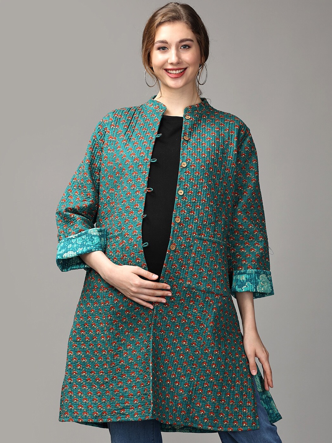 

The Mom Store Floral Printed Reversible Longline Tailored Jacket, Green