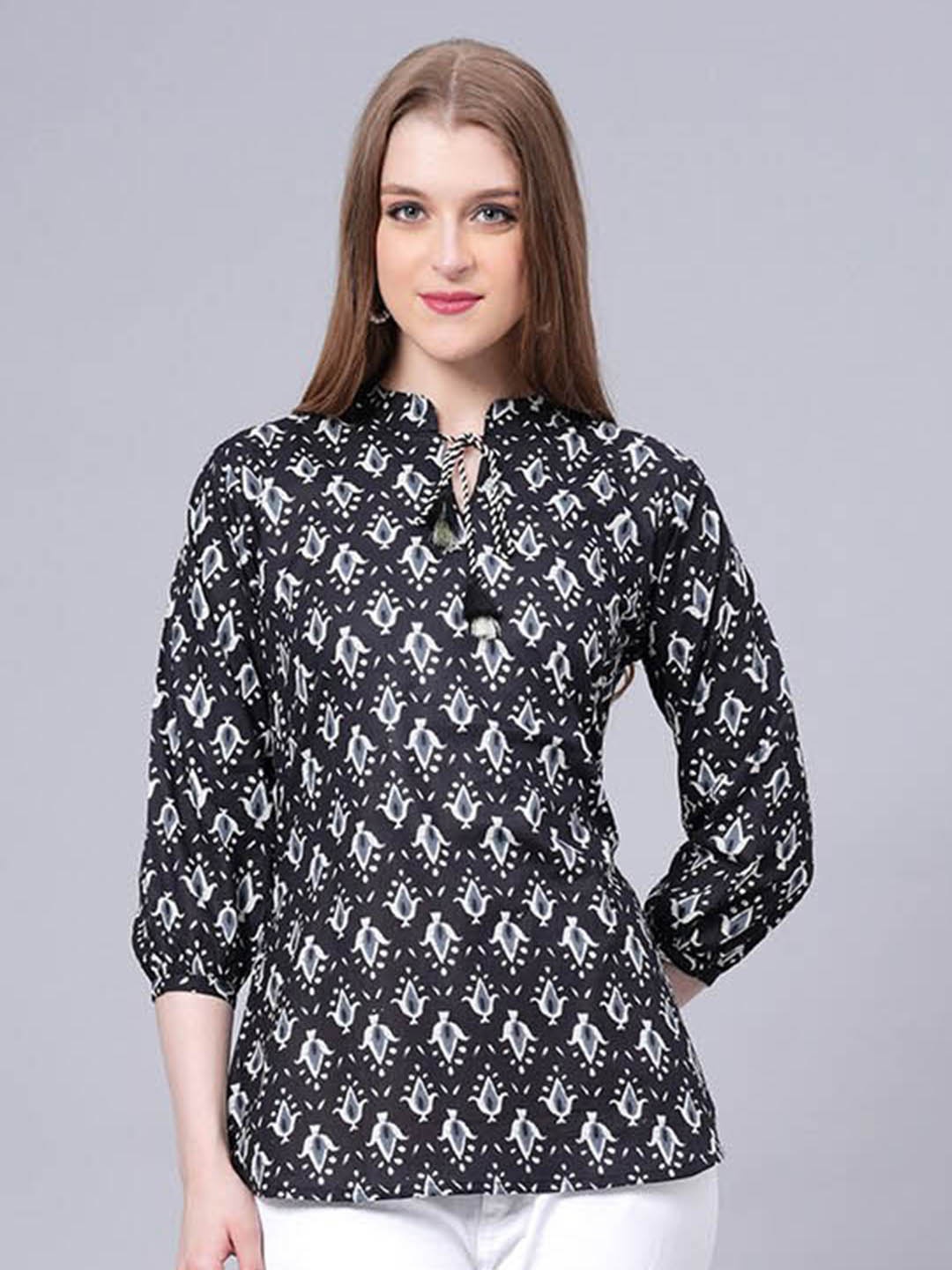 

JC4U Ethnic Printed Mandarin Collar Cotton Regular Top, Black