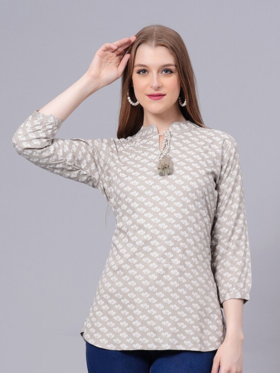 

JC4U Ethnic Printed Mandarin Collar Regular Top, Grey