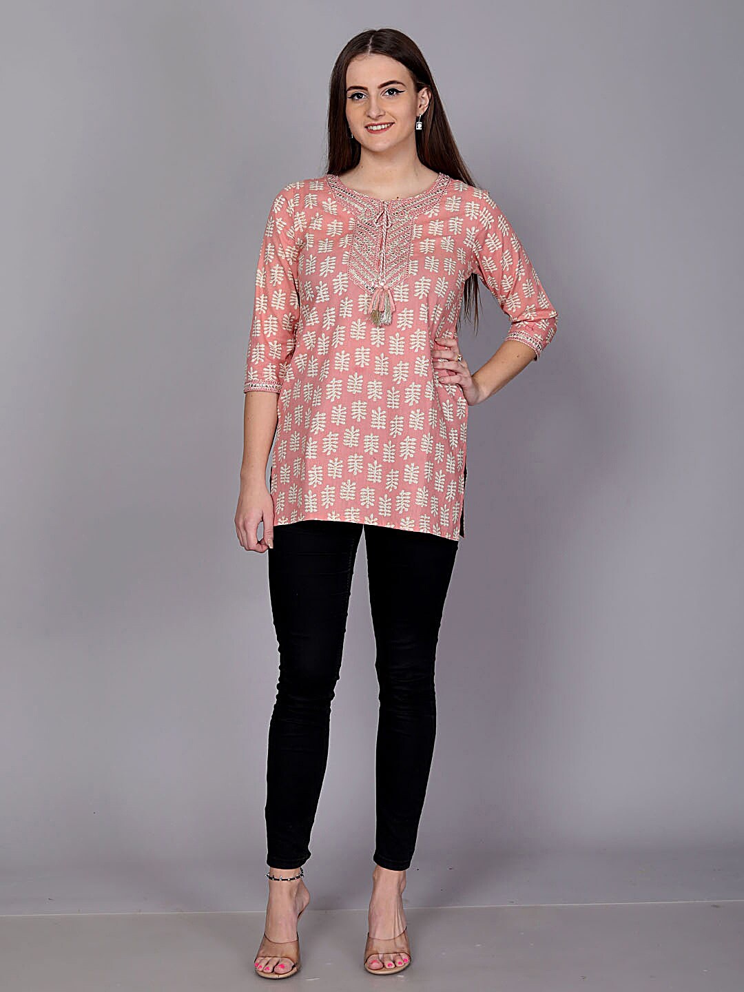 

JC4U Ethnic Printed Tie-Up Neck Sequined Cotton Regular Top, Peach