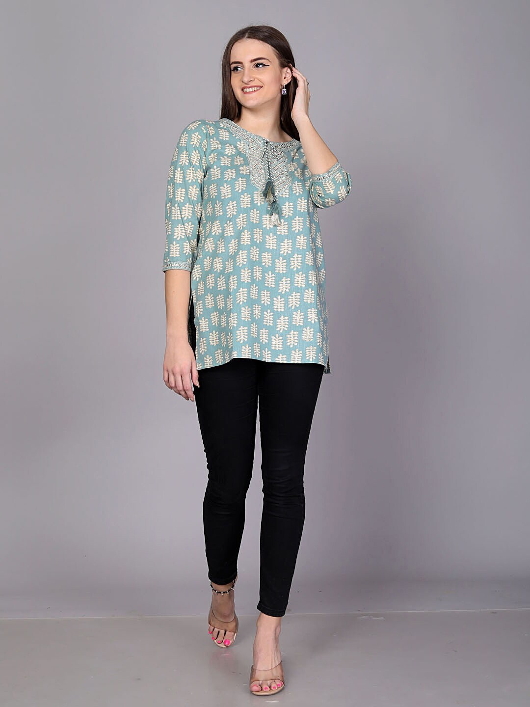 

JC4U Ethnic Printed Tie-Up Neck Sequined Cotton Regular Top, Blue