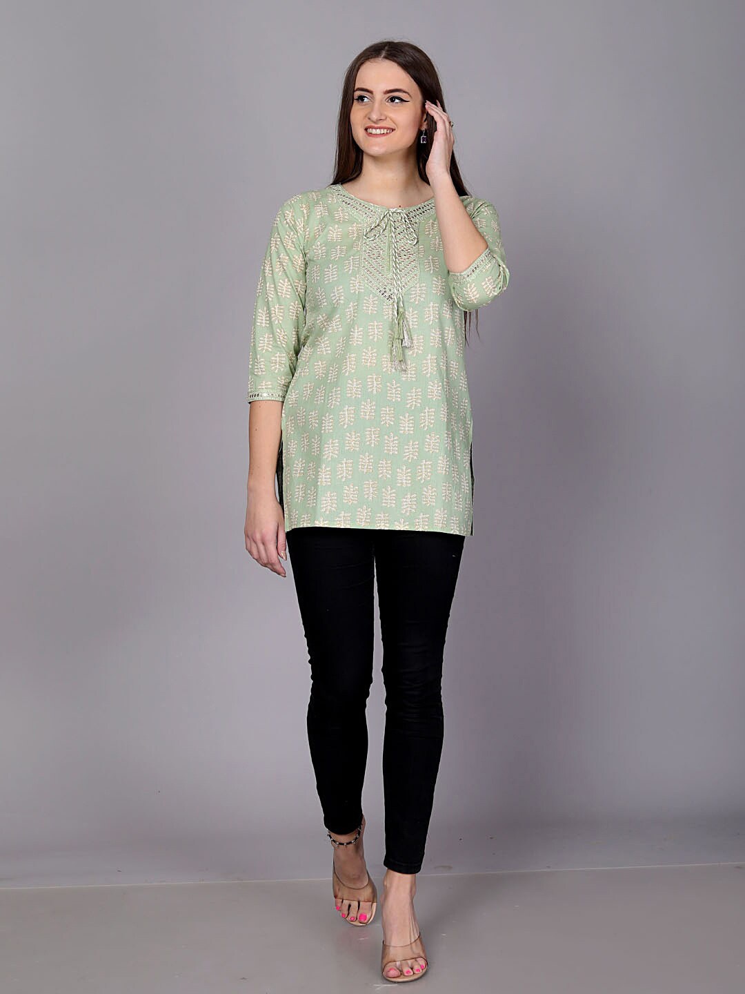 

JC4U Ethnic Printed Tie-Up Neck Sequined Cotton Regular Top, Green