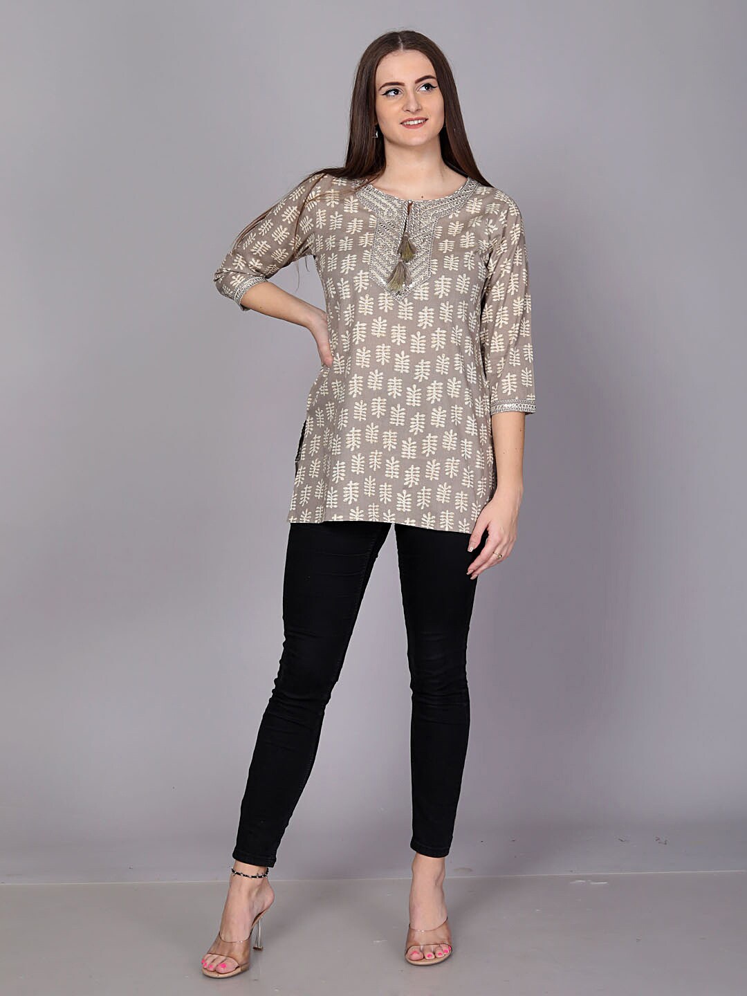 

JC4U Ethnic Printed Tie-Up Neck Sequined Cotton Regular Top, Grey