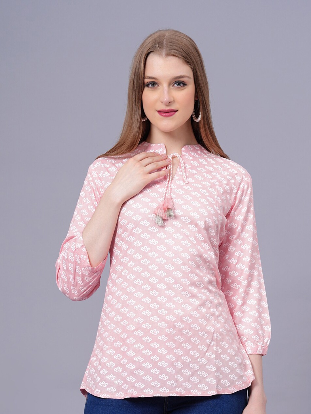 

JC4U Ethnic Printed Mandarin Collar Regular Top, Pink