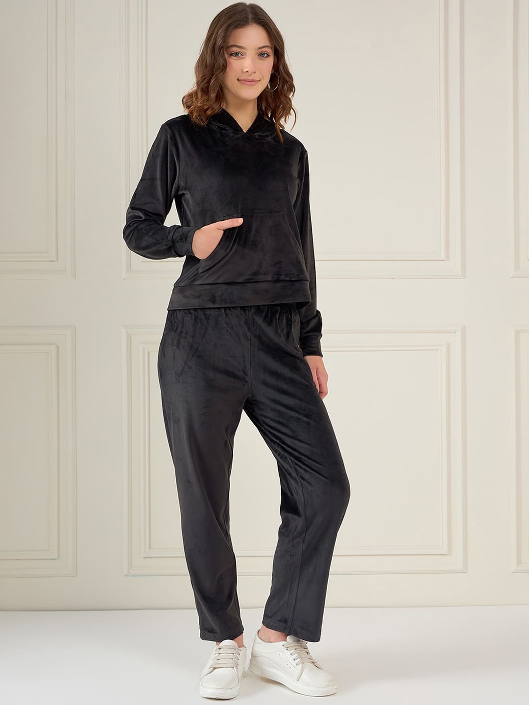 

all about you Pure Cotton Velvet Hooded Sweatshirt With Track Pants, Black