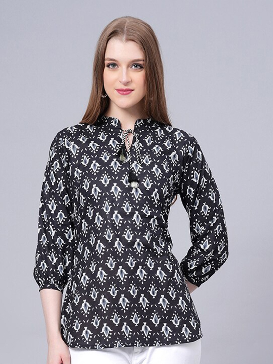 

KALINI Ethnic Motifs Printed Mandarin Collar Cotton Regular Top, Black