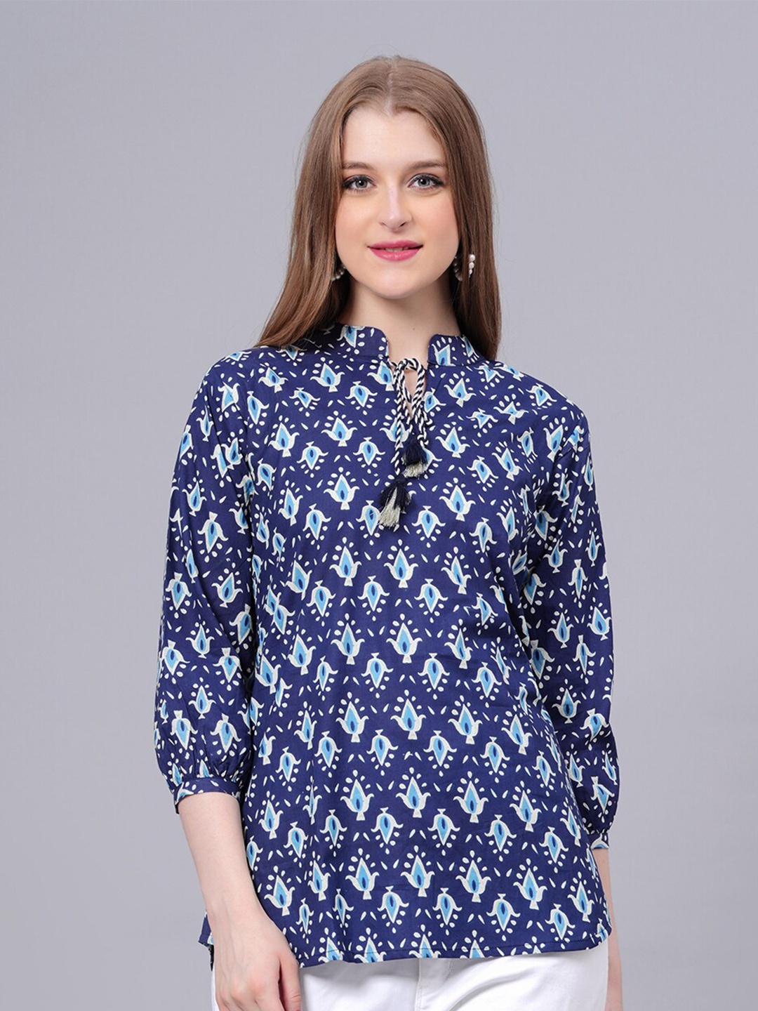 

KALINI Ethnic Motifs Printed Mandarin Collar Cotton Regular Top, Navy blue