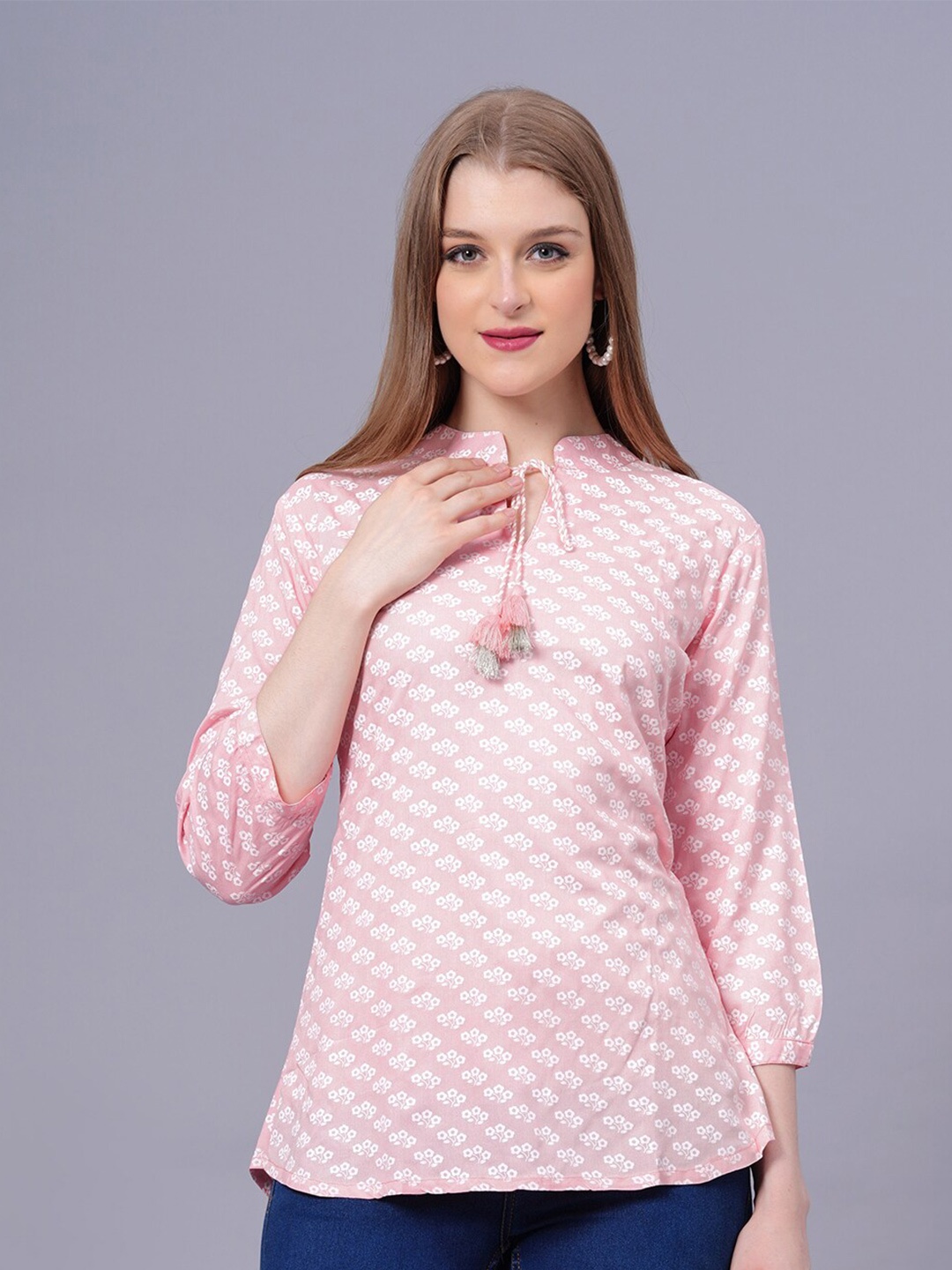 

KALINI Floral Printed Tie-Up Neck Top, Pink