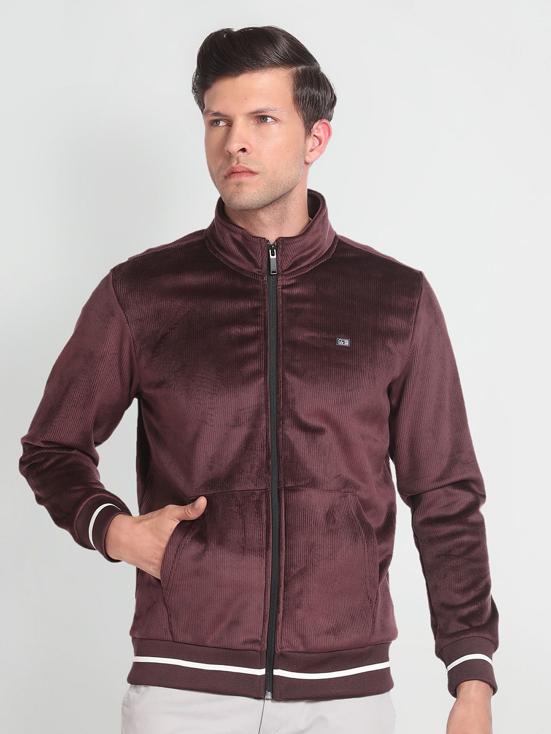 

Arrow Sport Striped Mock Collar Long Sleeve Zip Detail Bomber Jacket, Burgundy