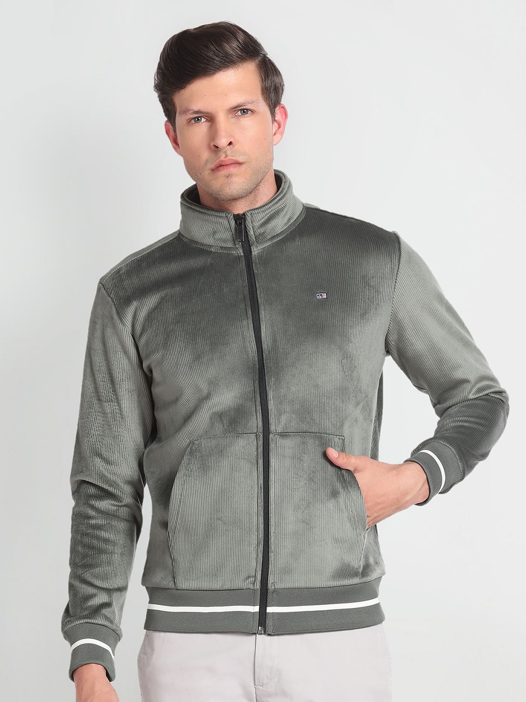 

Arrow Sport Striped Mock Collar Long Sleeve Zip Detail Bomber Jacket, Green